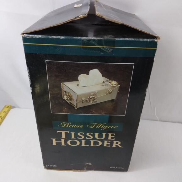 Brass Filigree Tissue Box Holder Cover Roses Garbage Can Vintage MCM - Picture 8 of 11
